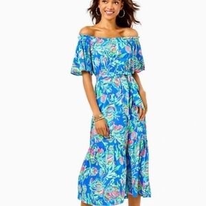 Lilly Pulitzer MERLE Midi Dress Flare Blue Fancy Fins 100% Cotton Womens Medium
